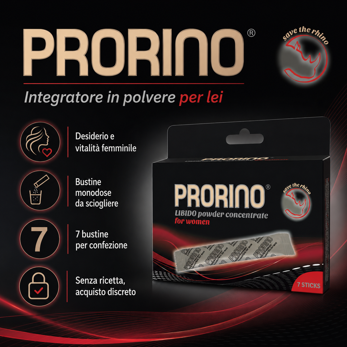Infografica Stimolante femminile in polvere Prorino 7 bustine ERO