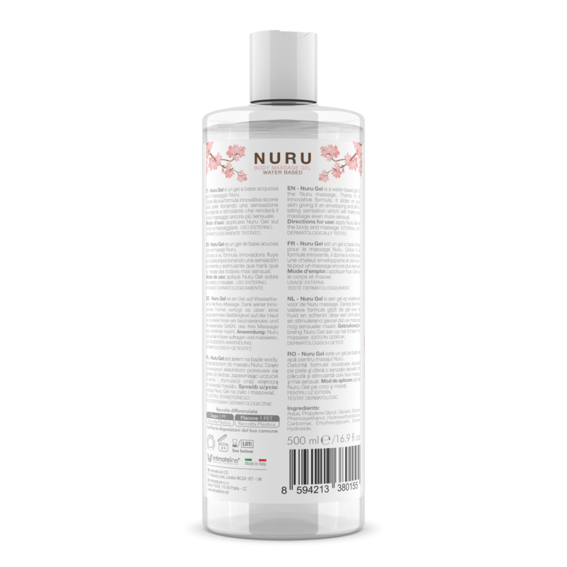 Retro della confezione del Gel per Massaggi a Base d’Acqua Nuru 500ml di INTIMATE LINE