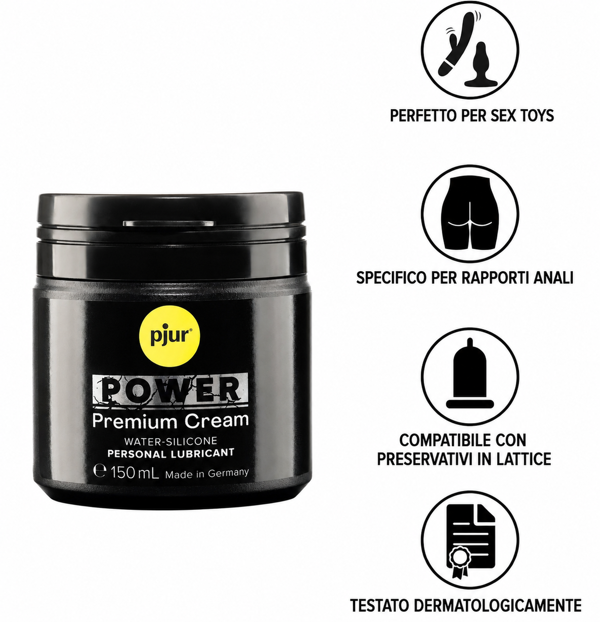 Infografica Lubrificante anale ibrido Pjur Power Premium Cream 150ml texture cremosa