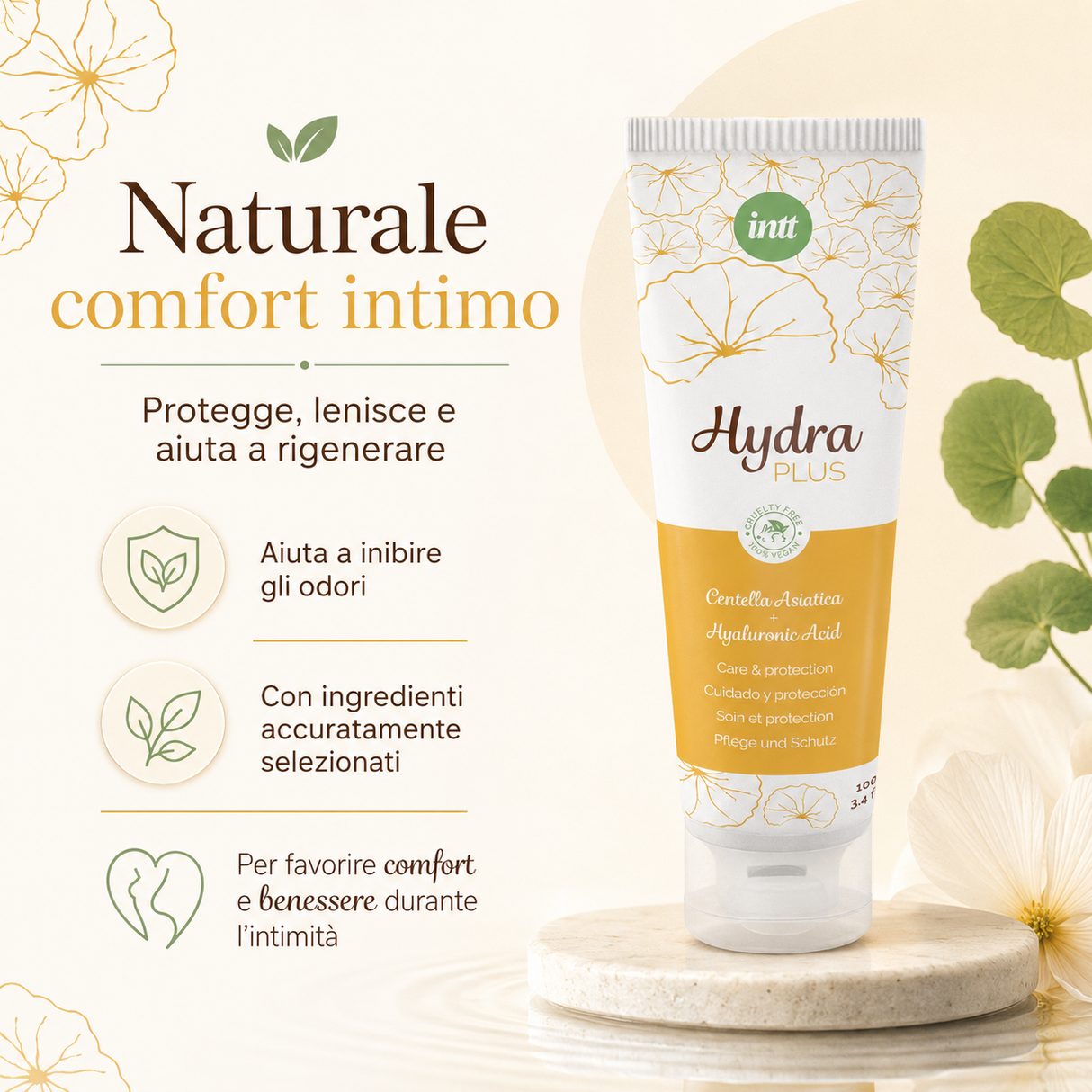 Infografica Lubrificante Vegano a Base d'Acqua Hydra Plus 100ml di INTT