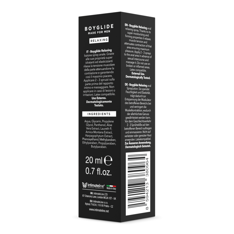 Retro della confezione dello Spray Idratante Anal Relaxing 20ml di BOYGLIDE