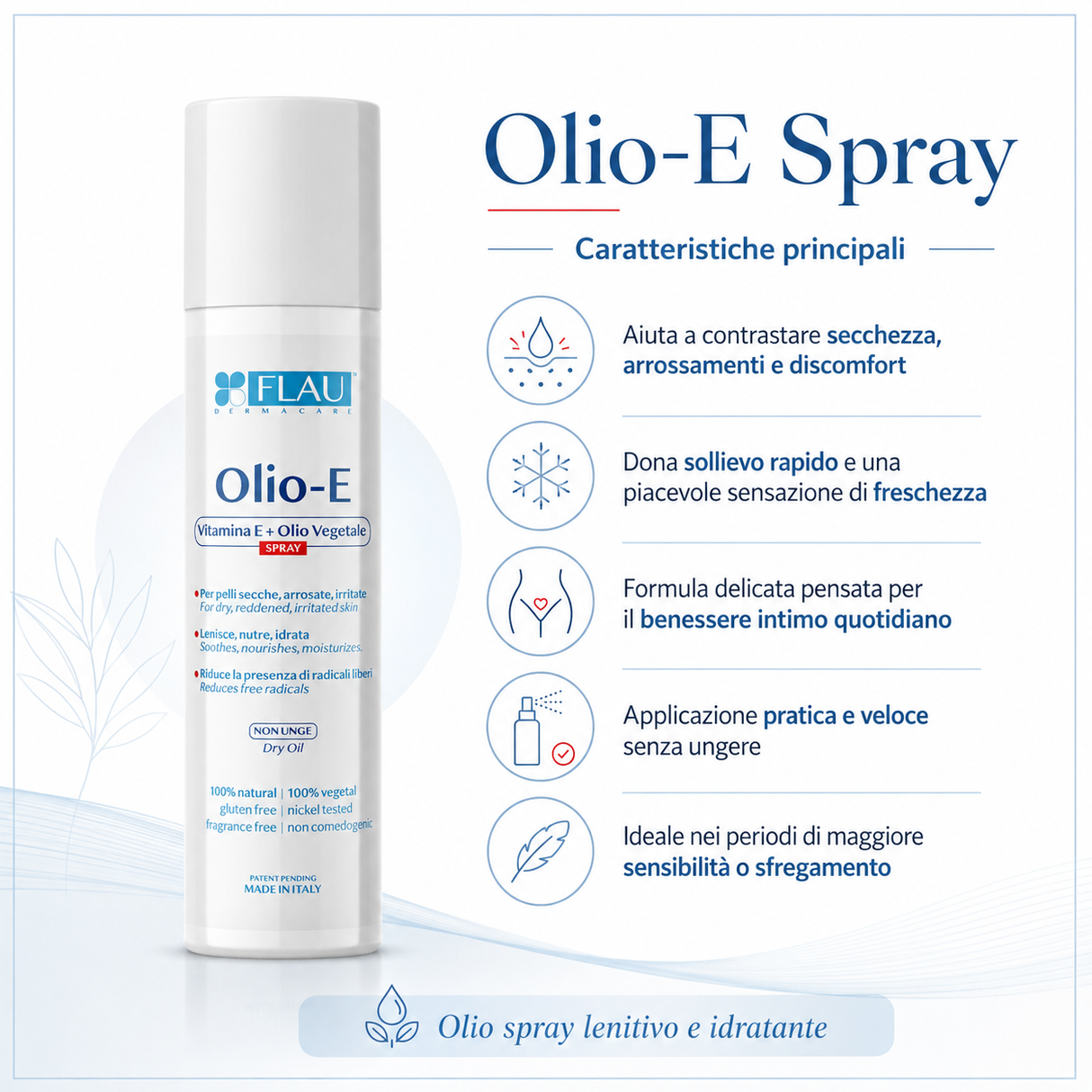 Infografica dello Spray Lenitivo e Idratante Olio-E 100ml FLAU per secchezza e sollievo intimo