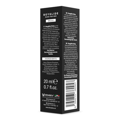 Retro della Confezione dello Spray Ritardante Boyglide 20ml