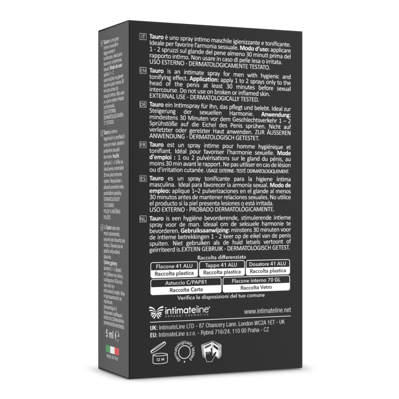 Retro della Scatola dello Spray Ritardante Tauro Extra Power 5ml di INTIMATE LINE