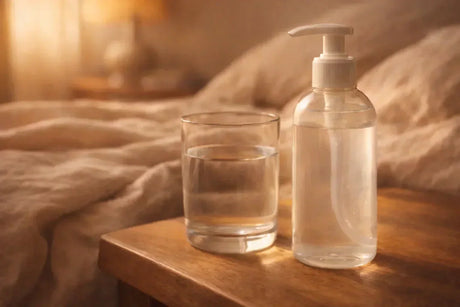 Flacone di lubrificante a base acqua accanto a un bicchiere d’acqua sul comodino