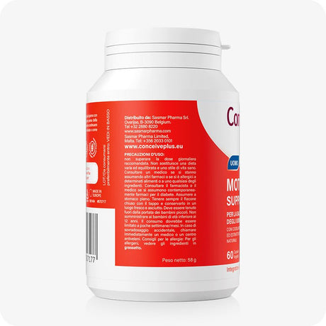 Integratore fertilità maschile Conceive Plus — dettaglio packaging 60 capsule pre-concepimento