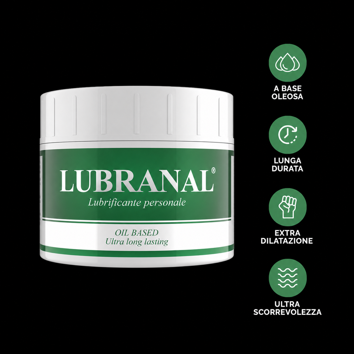 Infografica Crema lubrificante anale a base oleosa Lubranal 150ml con oli vegetali