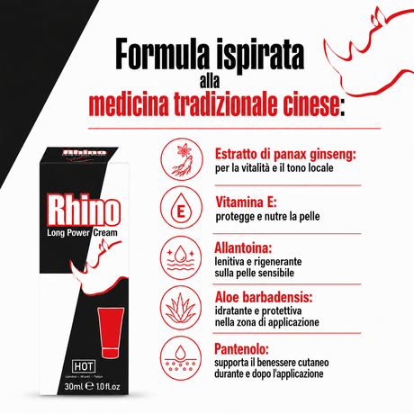 Infografica della Crema Ritardante Rhino Long Power 30ml di HOT