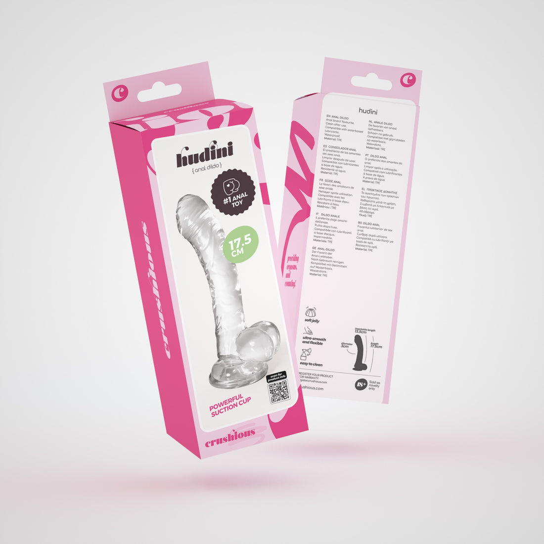 Dildo realistico trasparente Hudini 17,5 cm · confezione