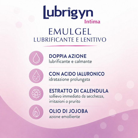 Infografica di Emulgel Lubrificante e Lenitivo Lubrigyn Intima 40ml