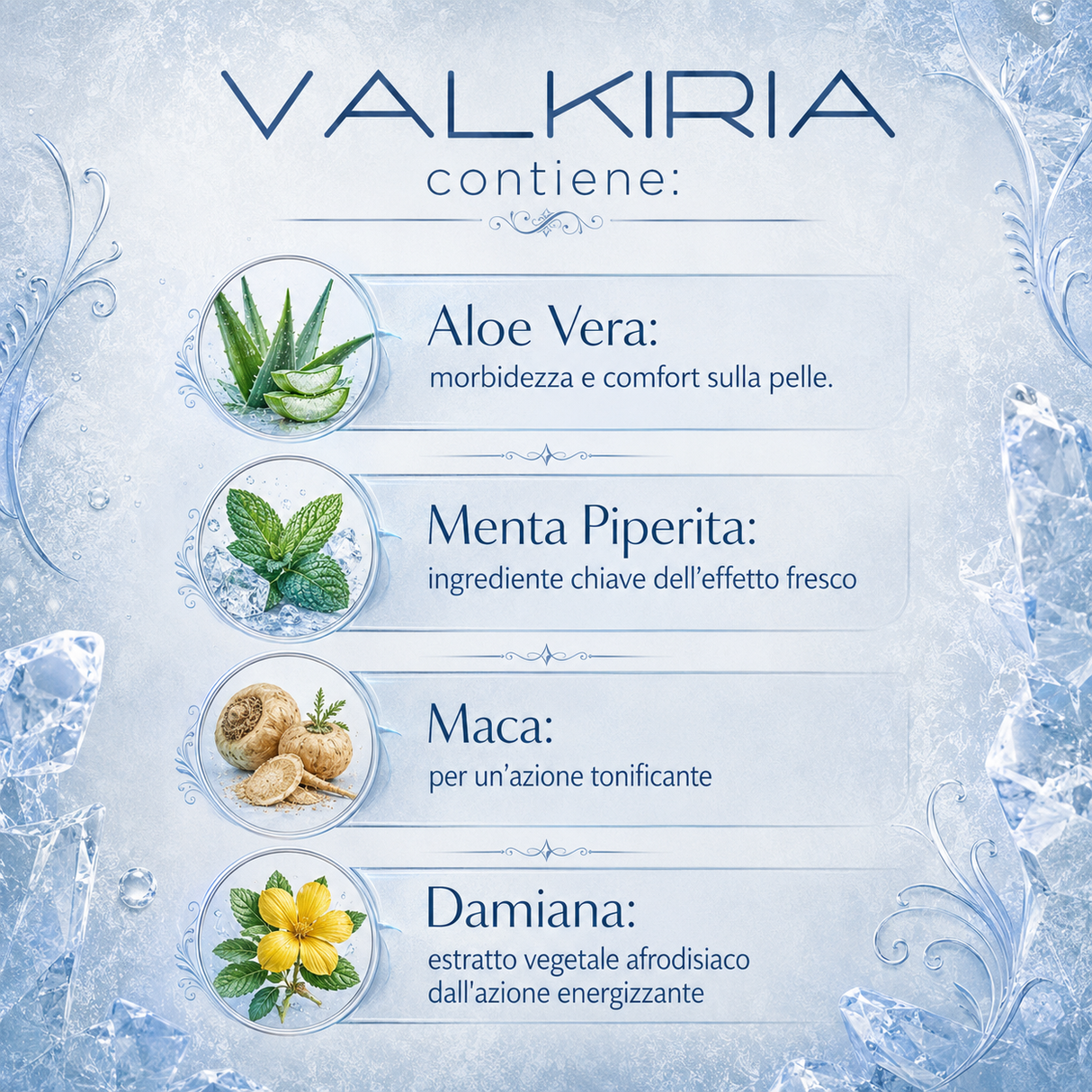 Infografica del Gel Stimolante Effetto Freddo Valkiria NUEI 50ml