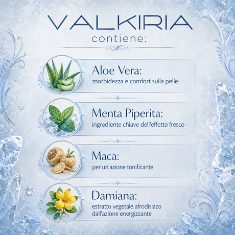 Infografica del Gel Stimolante Effetto Freddo Valkiria NUEI 50ml