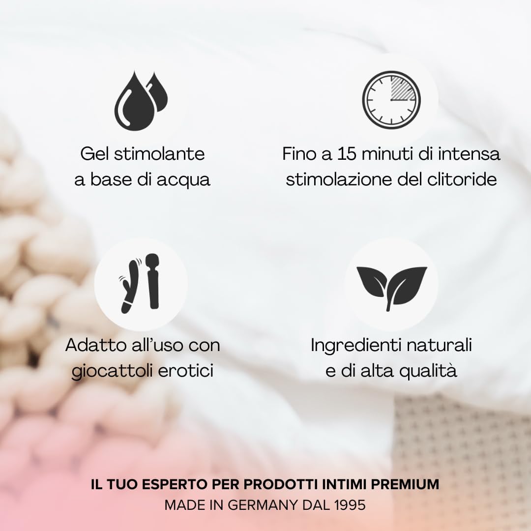 Infografica Gel vibrante Woman Lust Intense Pjur – Stimolante clitorideo 15ml