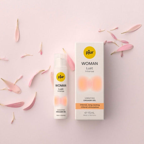 Gel vibrante Woman Lust Intense Pjur con sfondo petali
