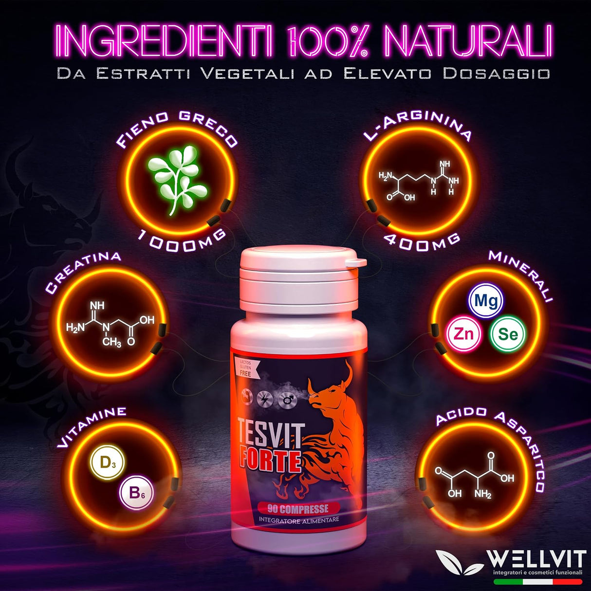 Dettagli dell'Integratore per il Testosterone Tesvit Forte 90 Compresse di WELLVIT