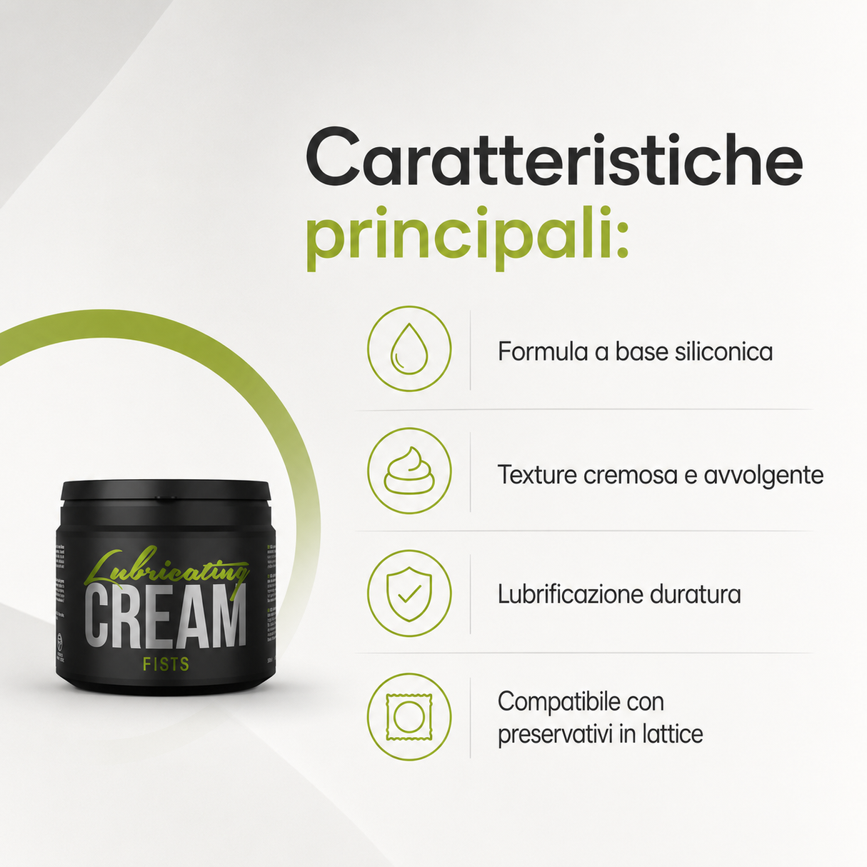 Infografica del Lubrificante anale Cobeco Cream Fists 500ml a base siliconica texture cremosa