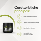 Infografica del Lubrificante anale Cobeco Cream Fists 500ml a base siliconica texture cremosa