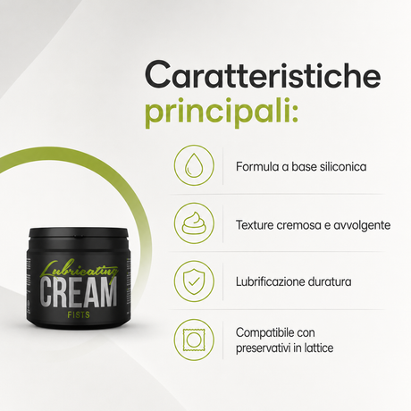 Infografica del Lubrificante anale Cobeco Cream Fists 500ml a base siliconica texture cremosa