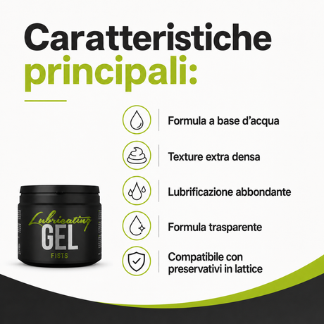 Infografica del Lubrificante anale Gel Fists Cobeco 500ml a base d’acqua extra denso
