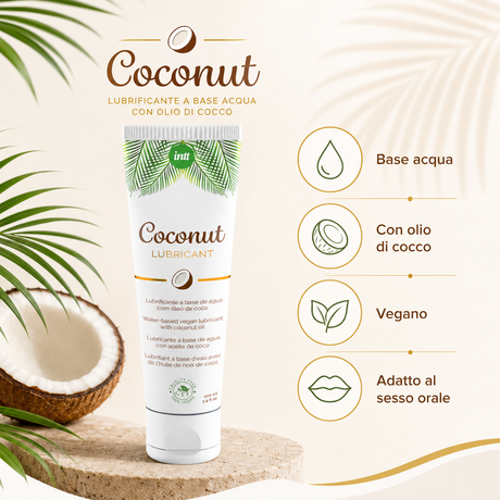 Infografica del Lubrificante Vegano a Base d'Acqua al Gusto Cocco 100ml di INTT