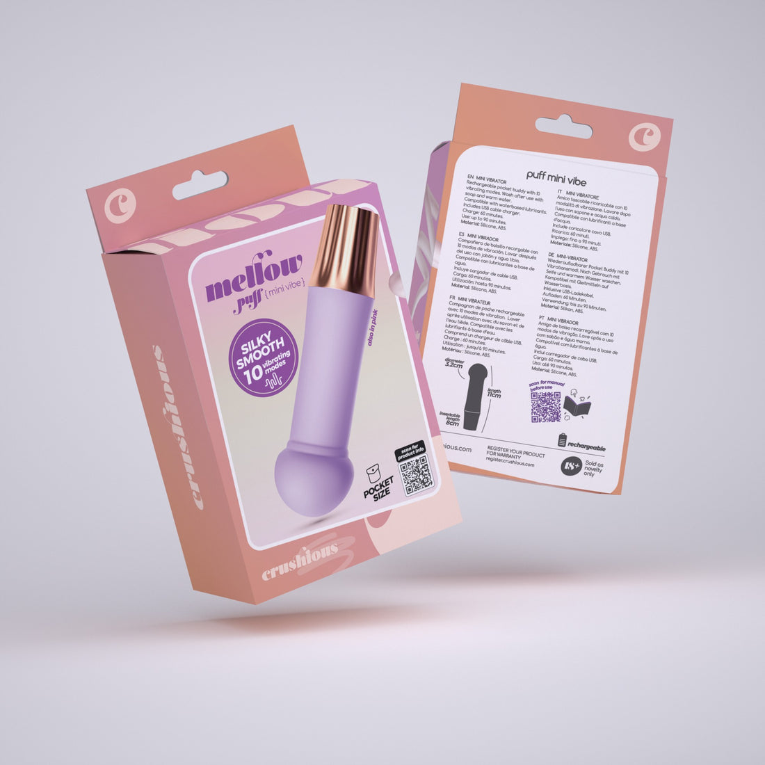 Mini vibratore Mellow Puff lavanda · confezione