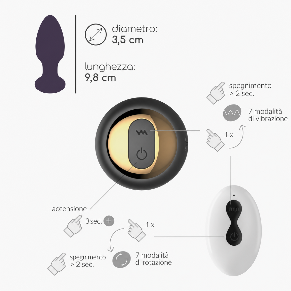 Plug anale vibrante e rotante con telecomando Twister · infografica