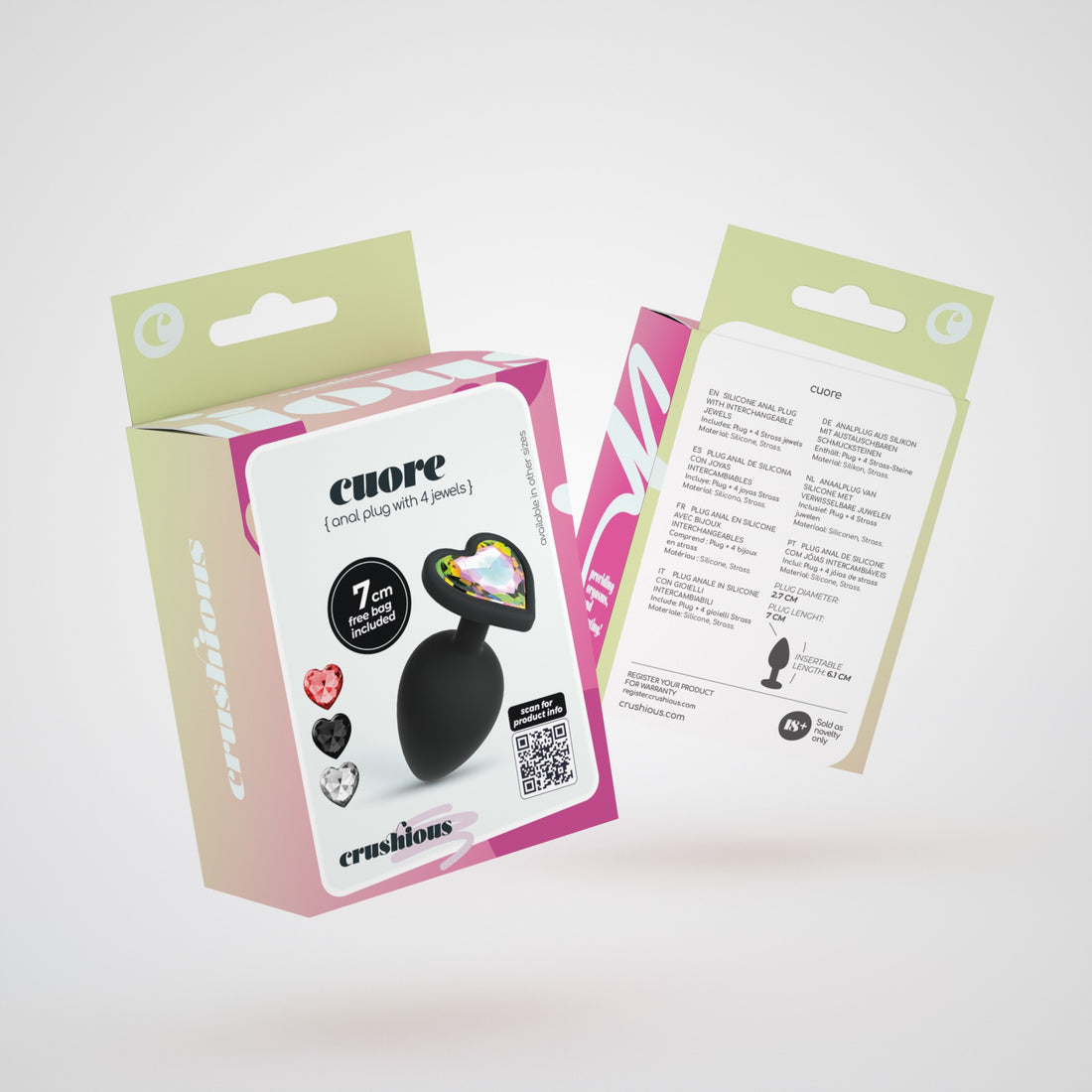 Plug anale in silicone Cuore con 4 gioielli intercambiabili · confezione