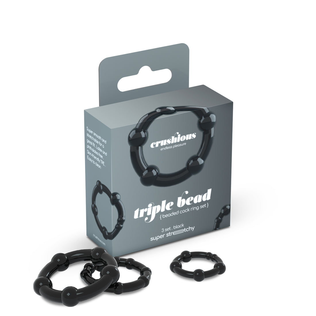 Set di anelli fallici Triple Bead neri 3 pezzi · confezione