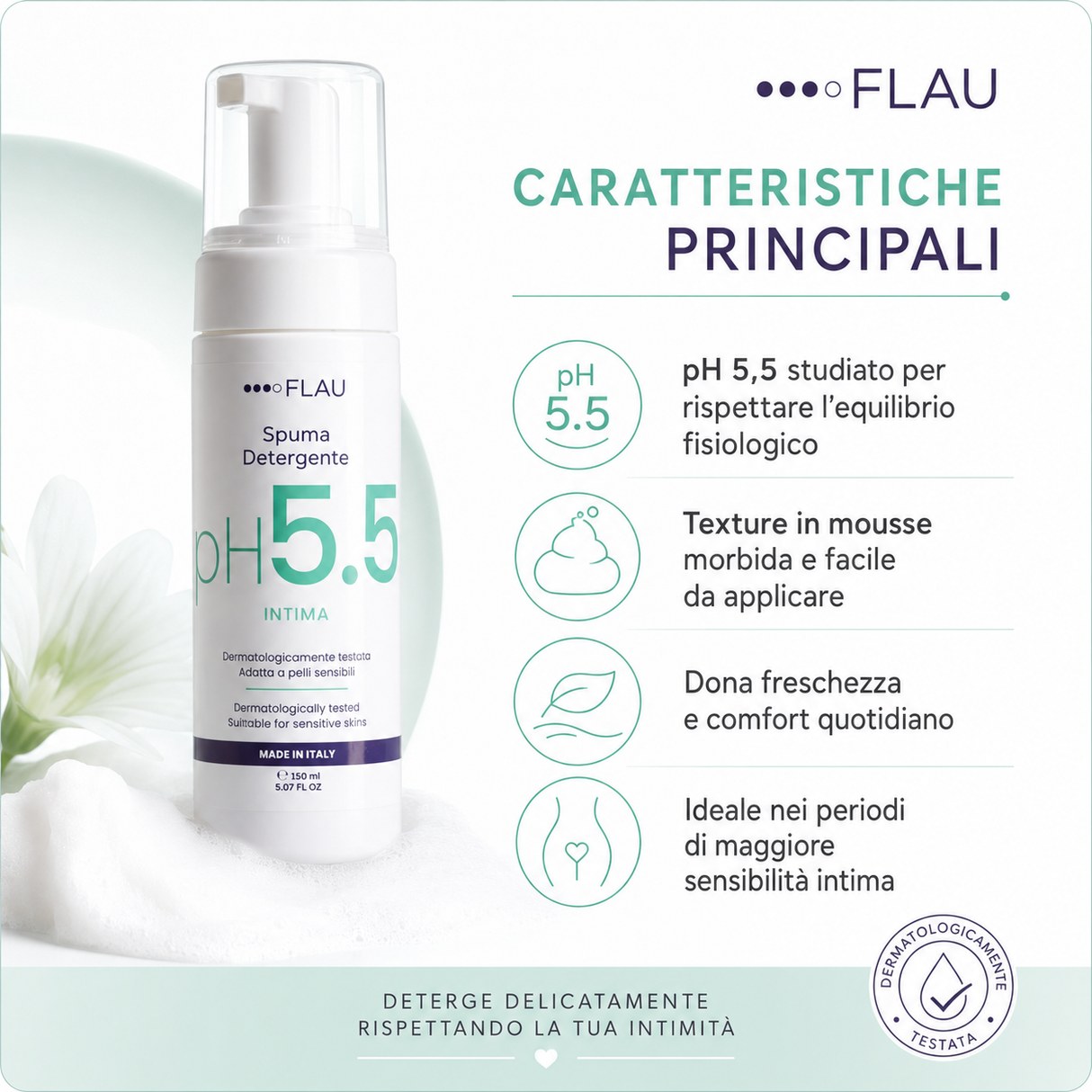 Infografica della Spuma Detergente Intima pH 5,5 150ml FLAU per igiene intima quotidiana