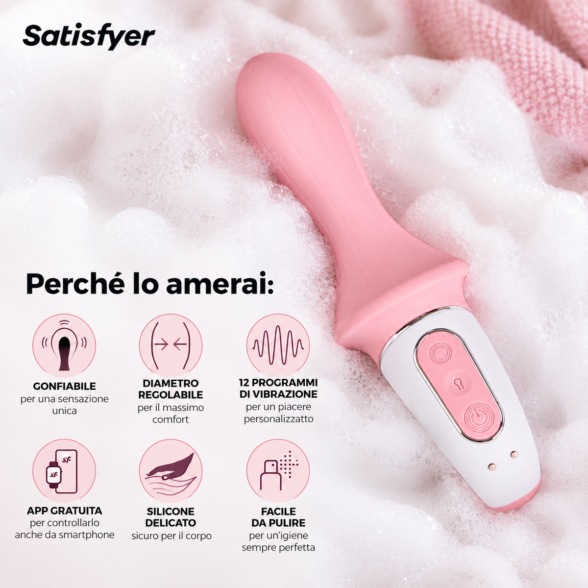 Vibratore anale gonfiabile Satisfyer Air Pump Booty 5 rosa · infografica